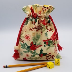 Red Cardinal Fabric Drawstring Bag: Cotton Gift Bag, Made in Texas USA