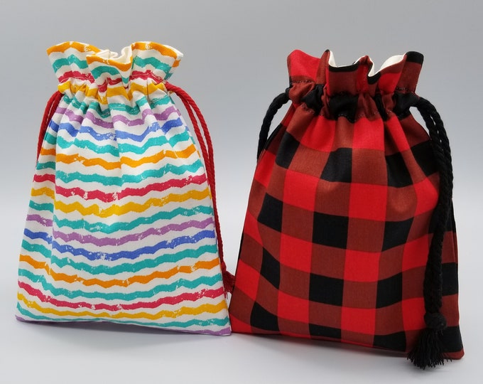 Gingham and Color Line Drawstring Bag