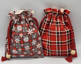 Red Plaid Snowflake Christmas Drawstring Bag