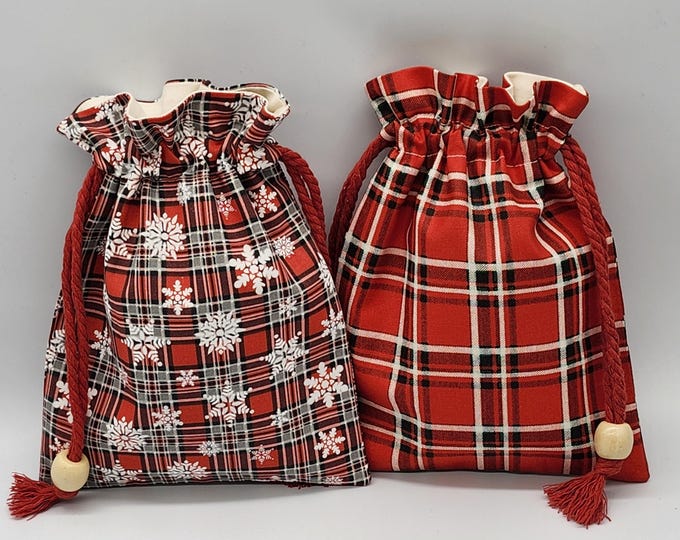 Red Plaid Snowflake Christmas Drawstring Bag