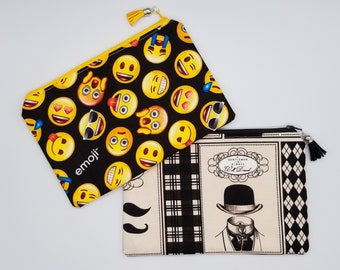 Emoji and Vintage Man Zipper Bag, Cosmetic Bag, Fabric Zipper Pouch, Kids Toiletry Bag, 5"x8" and 6"x9", Made in Texas USA