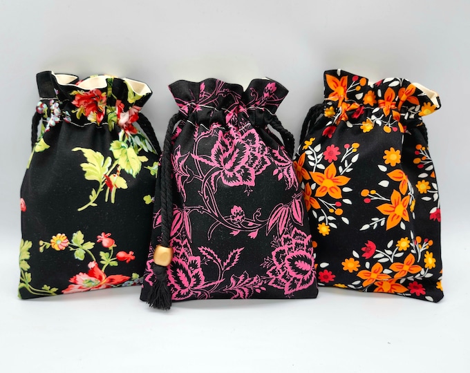 Flower on Black Drawstring Fabric Gift Bag