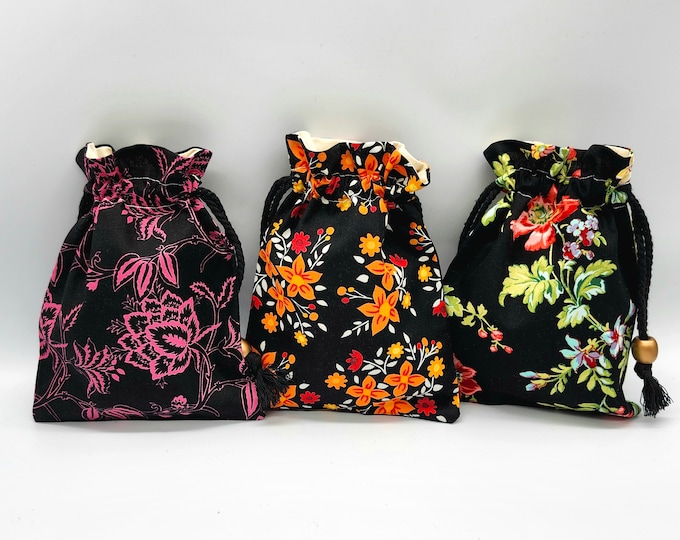 Flower on Black Drawstring Fabric Gift Bag