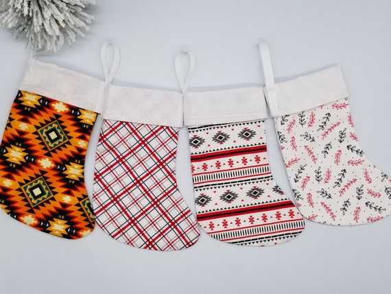Mini Personalized Red Plaid and Tribal Christmas Stockings Small