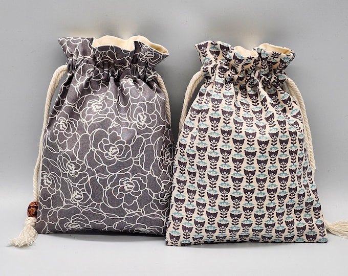 Gray Flower Drawstring Fabric Gift Bag