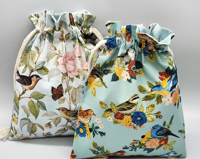 Teal Bird & Flower Drawstring Fabric Gift Bag