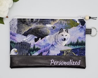 Personalized Zipper Bag, Black and White Wolf Zipper Pouch, Cosmetic Bag, 5x8 inch and 6x9 Inch, Made in Texas USA