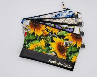 Personalized Sunflower Zipper Bag, Birdie travel bag, Women Cosmetic Bag, 5x8 inch and 6x9 Inch, Made in Texas USA