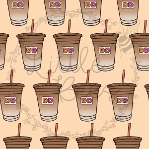 May include: A repeating pattern of iced coffee cups with red straws. Each cup has a brown lid and a logo with the letters "DD" in orange and pink. The background is a light peach color with floral accents.