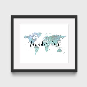 Dwalen-verloren wereld kaart afdrukbare digitale download Art Print Wanderlust reizen citeer Office Home muur decor horizontale 5 x 7 8 x 10 11 x 14 16 x 20 A4