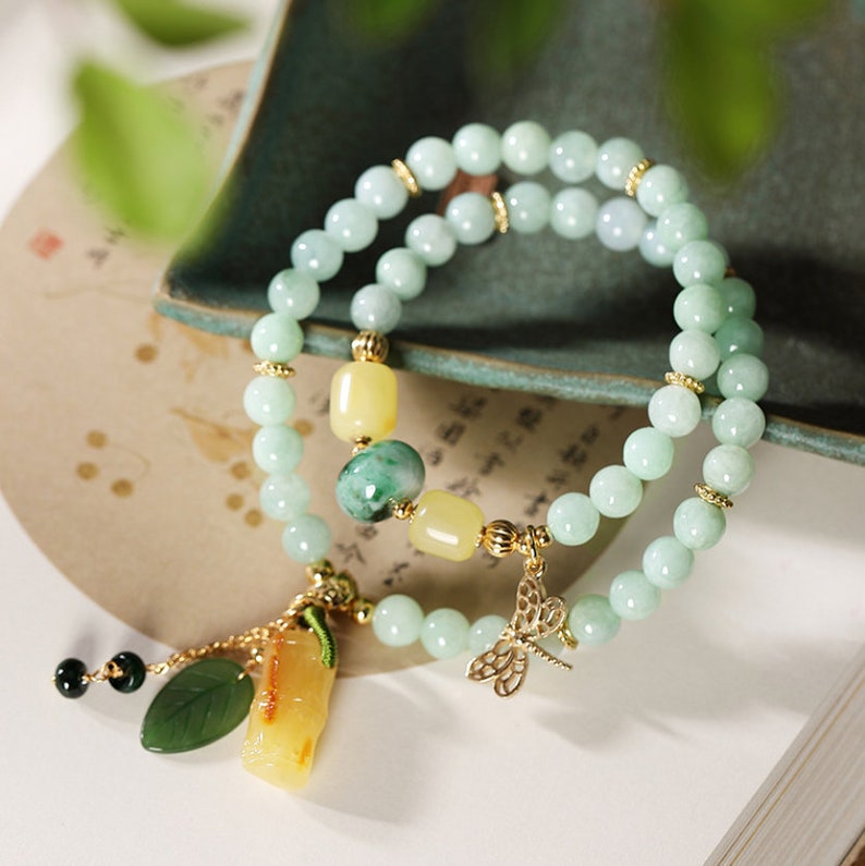 Jadeite bead bracelet with amber green chalcedonyMulti-Gem stacked bracelet24K gold-platedGifts for her jasper jade