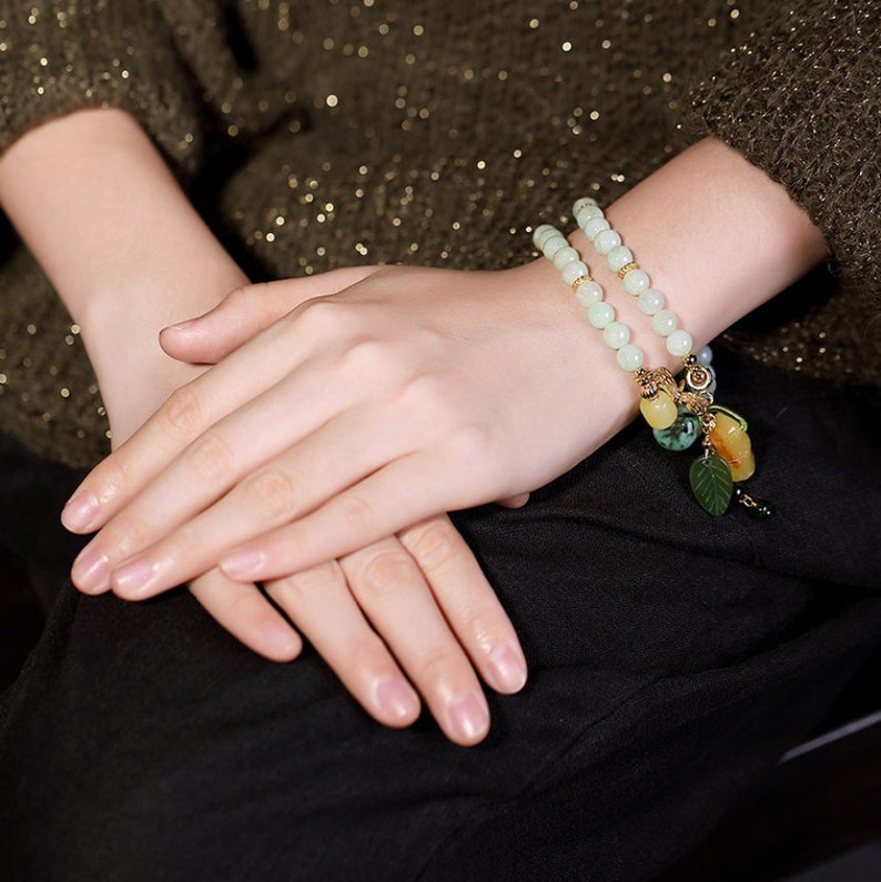 Jadeite bead bracelet with amber green chalcedonyMulti-Gem stacked bracelet24K gold-platedGifts for her jasper jade