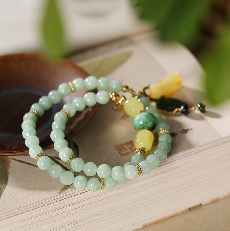 Jadeite bead bracelet with amber green chalcedonyMulti-Gem stacked bracelet24K gold-platedGifts for her jasper jade