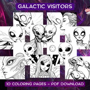 Puede incluir: Un conjunto de 10 páginas para colorear en blanco y negro con varios personajes extraterrestres. El título "Galactic Visitors" está en la parte superior de la imagen. El texto "10 Coloring Pages - PDF Download" está en la parte inferior de la imagen.