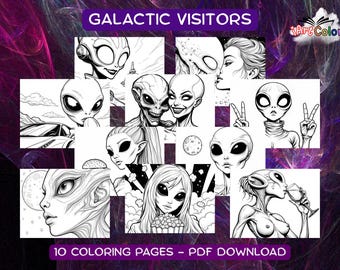 Può includere: Un set di 10 pagine da colorare in bianco e nero con vari personaggi alieni. Il titolo "Galactic Visitors" è in cima all'immagine. Il testo "10 Coloring Pages - PDF Download" è in fondo all'immagine.