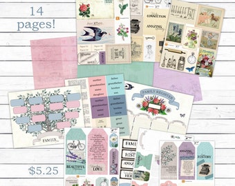 May include: A printable junk journal kit with a family tree theme. The kit includes 14 pages of printable paper with images of flowers, birds, bicycles, and vintage postcards. The kit also includes printable tags with phrases like "Family is Love", "Beautiful", and "Amazing".