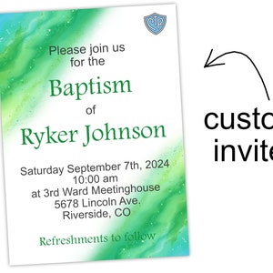 Green and Blue LDS Baptism Invitation - Customizable Digital Download