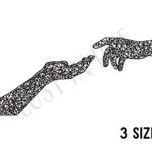 May include: Two black and white line art hands reaching towards each other. The hands are stylized and appear to be made of a mesh or web-like pattern.
