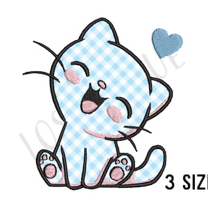 May include: A blue and white checkered cat with a big smile and a pink heart above its head. The cat is sitting with its legs crossed and its tail curled around its body.