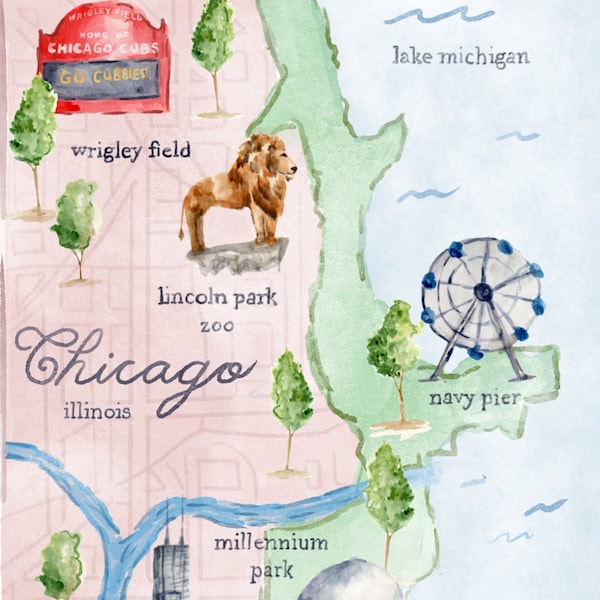Mappa di Chicago ad acquerello (versione nord)