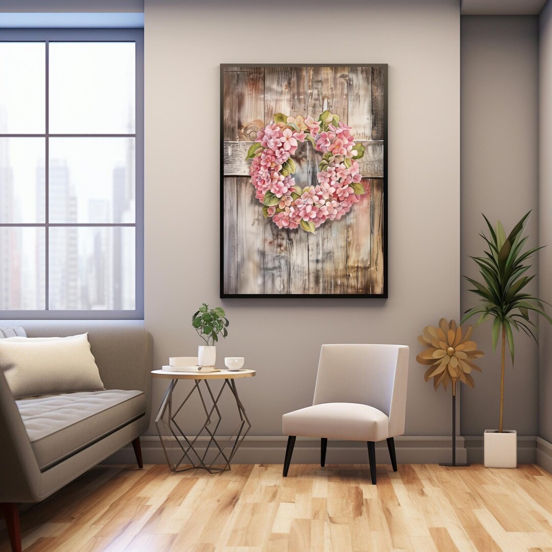 Watercolor Pink Hydrangea Wreath Hanging on Rustic Wooden Door PNG ...