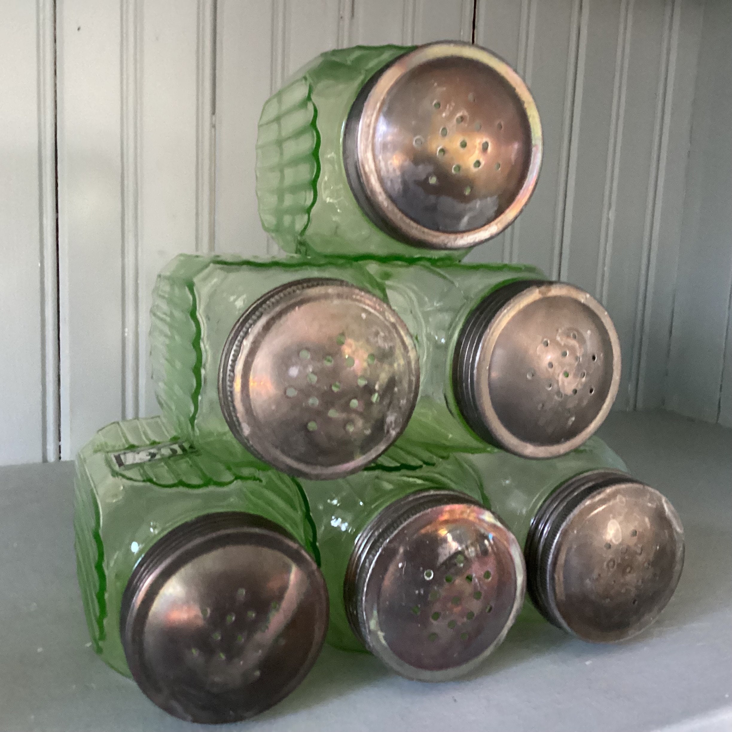 Vintage Green Depression Glass Spice Shaker Set of 6 * Ribbed