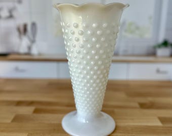 9-1/2” Vintage Hobnail Milk Glass Vase with Flared Scalloped Edge by Anchor Hocking