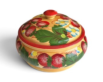 Folk Art Petrykivka Lidded Bowl Strawberry Motif