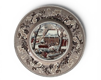 Vintage Johnson Brothers Transferware Plate: Winter Farm Scene, Oak Leaf Rim