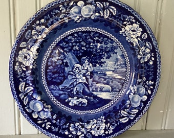 Antique Blue Transferware Dinner Plate * R Hall “Shelter’d Peasants”