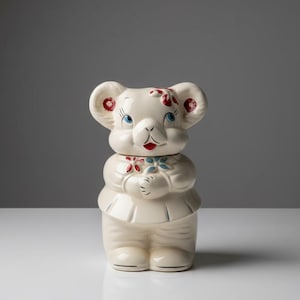 May include: A vintage ceramic bear-shaped cookie jar. The off-white jar features a bear face with red and blue accents, including floral details on the ears and around the neck. The bear is holding its hands together, and the jar has a skirt-like design.