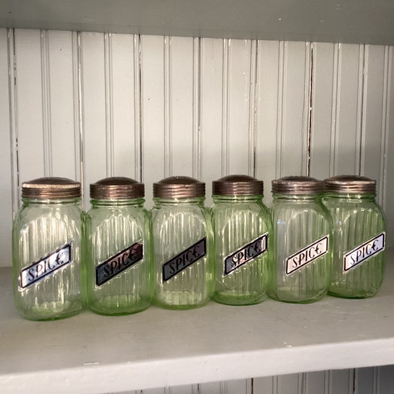Vintage Green Depression Glass Spice Shaker Set of 6 * Ribbed