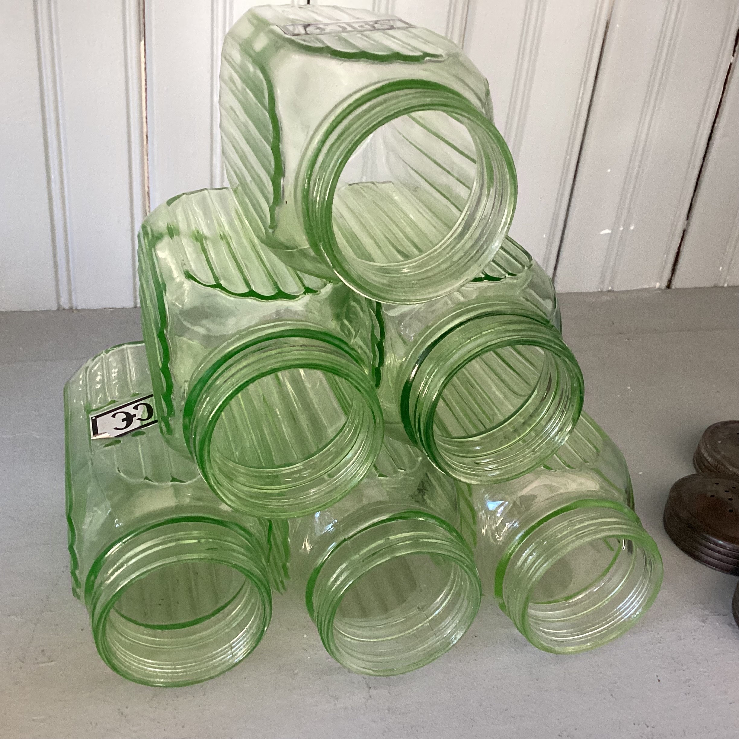 Vintage Green Depression Glass Spice Shaker Set of 6 * Ribbed