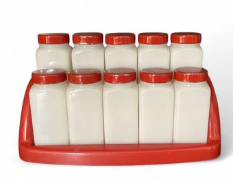 Vintage Art Deco Style Milk Glass Spice Bottles with Rack