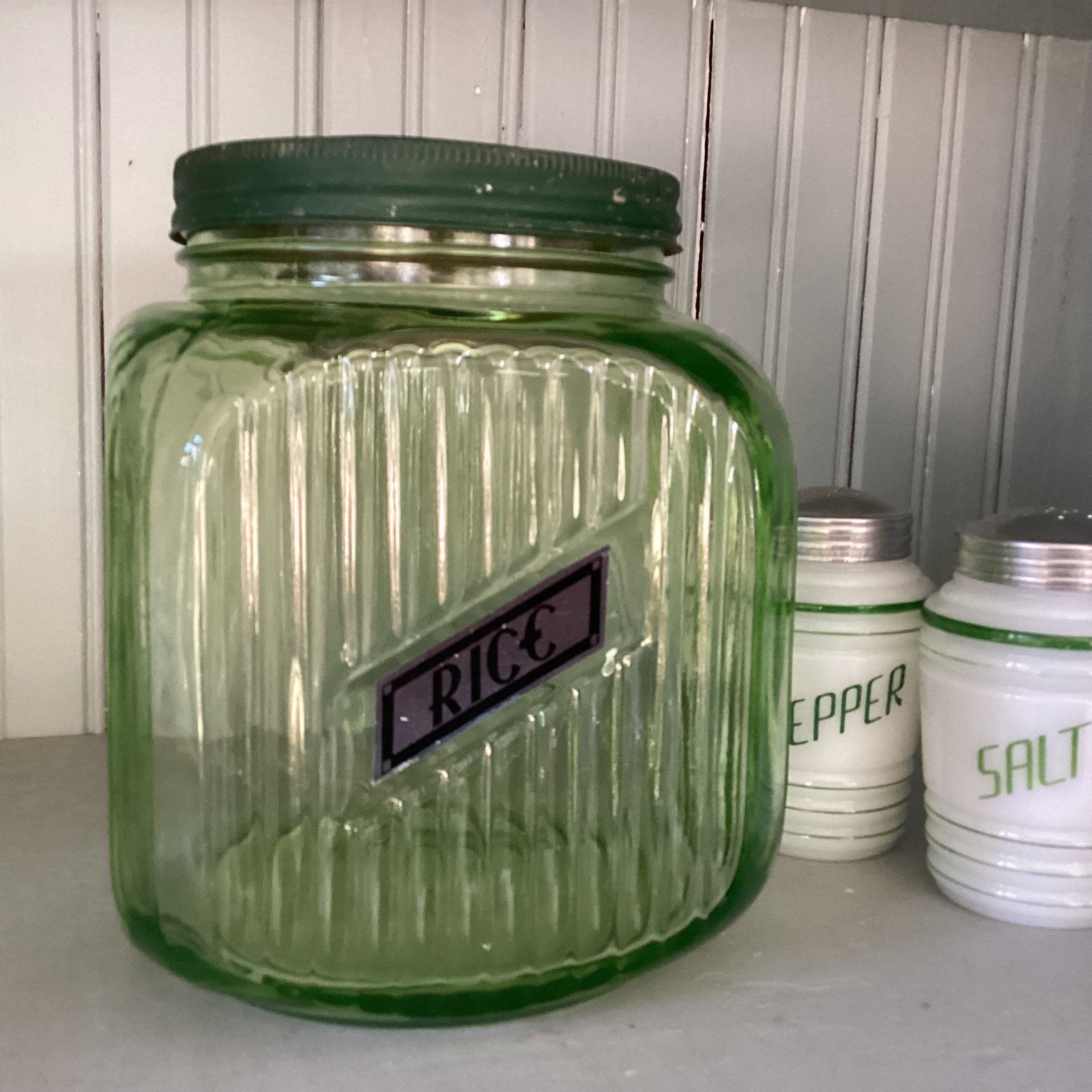 Vintage 1 Gallon Green Depression Glass Canister Ribbed Glass Storage ...