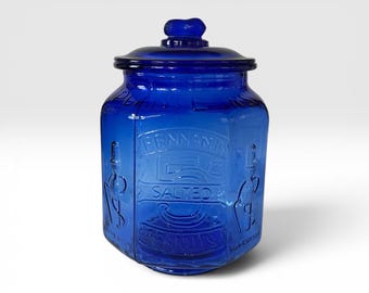 Vintage Planters Cobalt Blue Mr. Peanut Storage Jar with Lid