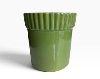 Vintage Over and Back Yellow Ware Green Ribbed Crock Utensil Holder