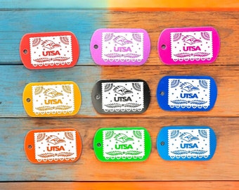 UTSA Papel Picado Engraved Aluminum Dog Tag. UT Decor. Fiesta Dorm Decor. Bag Charm. Keychain. Zipper Pull. Back Pack Pull