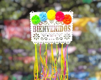 Bienvenidos Papel Picado Acrylic Sign, Colorful Flowers & Ribbons