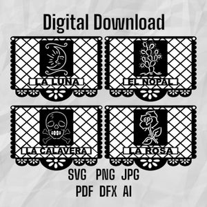 Set di 4 modelli digitali Loteria Papel Picado, La Luna, La Rosa, La Calavera, El Nopal, Fiesta Party Decor, svg,png,jpg,pdf,dfx,ai