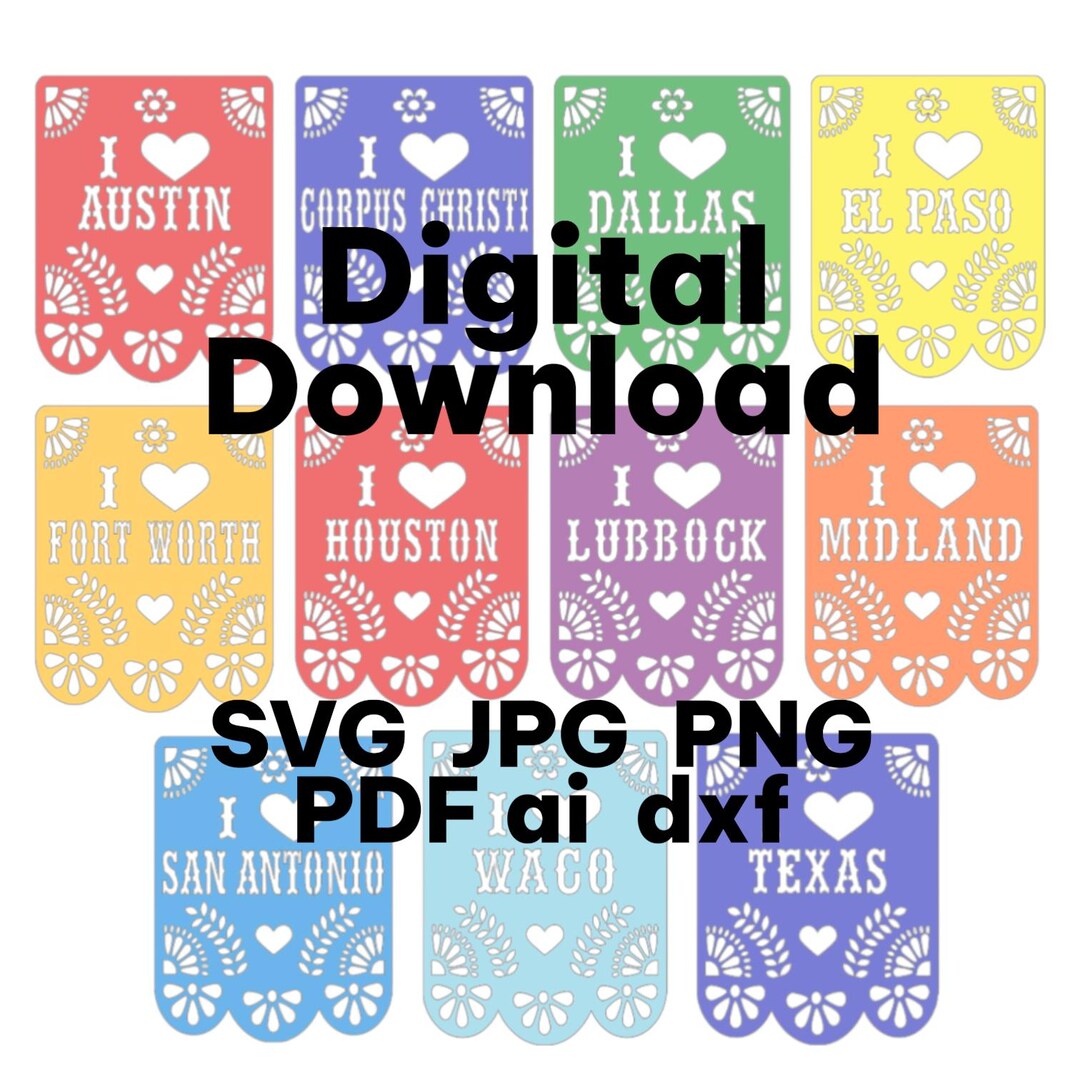 Texas Cities Papel Picado SVG Bundle - 11 Designs - Fiesta Party Banner ...