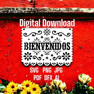 Bienvenidos Mexicaans Papel Picado teken, Spaans welkom sjabloon, Fiesta, Party Decor, bestand voor papercut, lasercut, svg, png, jpg, pdf, dxf, ai