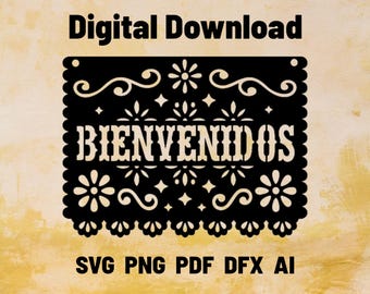 BIENVENIDOS Papel Picado sign, Spanish Word for Welcome template, Fiesta Decor, Instant Download file for papercut, lasercut, sublimation