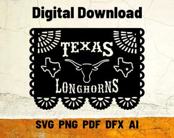 UT, Texas Longhorns Papel Picado Style svg/png/pdf - Texas Pride, Instant Digital Download file for papercut, lasercut, sublimation, dtg