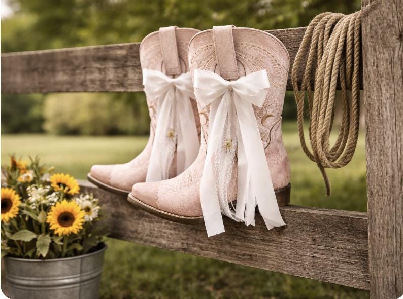 May include: Pale pink cowboy boots with white bows and lace detail, displayed on a wooden fence. A coiled rope hangs beside them. A metal bucket of sunflowers and wildflowers sits in front.