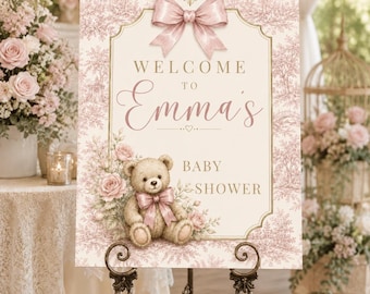 Placa de boas-vindas para chá de bebê com ursinho de pelúcia rosa | Modelo editável no Canva | Placa para chá de bebê para imprimir | Decoração de chá de bebê com estampa toile | Download instantâneo