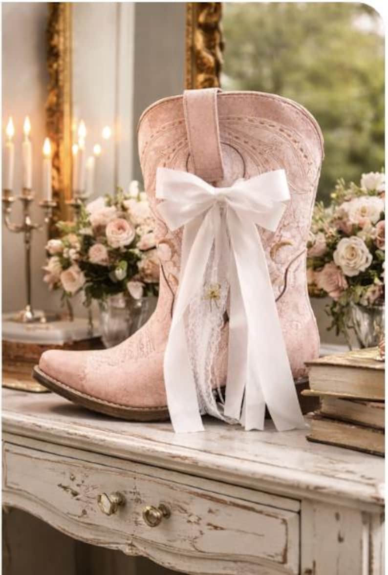 May include: A pale pink cowboy boot with floral embroidery and a white bow. The boot is adorned with white lace and a small gold flower. It's displayed on a white table with a distressed finish, reminiscent of a vintage aesthetic.