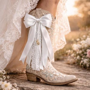 May include: Embroidered beige cowboy boot with a white satin bow and lace trim. The boot features floral and scrollwork embroidery in shades of blue and cream. A small gold charm hangs from the lace. The boot is part of a bridal ensemble.