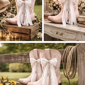 May include: Pale pink cowboy boots with white bows and decorative stitching. The boots are displayed on a wooden surface. The boots have a pointed toe and a mid-calf height. Ideal for country-themed events, the boots have a rustic aesthetic.
