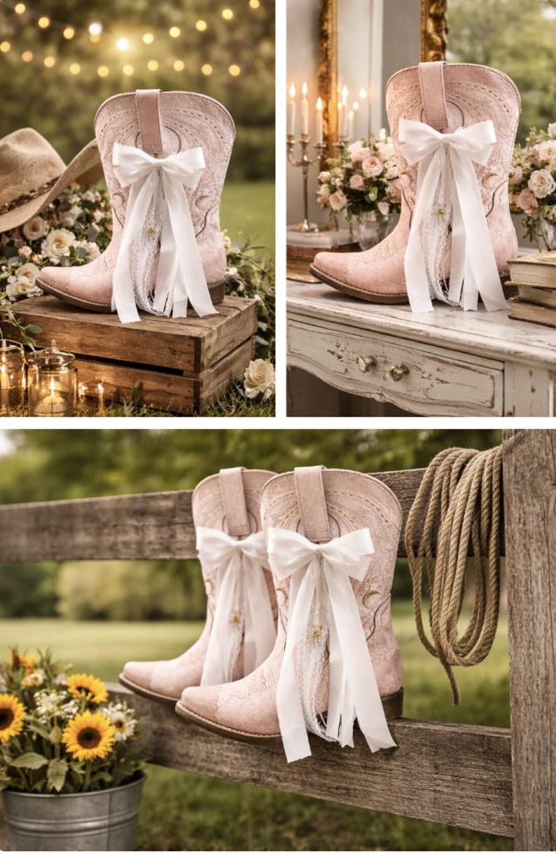 May include: Pale pink cowboy boots with white bows and decorative stitching. The boots are displayed on a wooden surface. The boots have a pointed toe and a mid-calf height. Ideal for country-themed events, the boots have a rustic aesthetic.